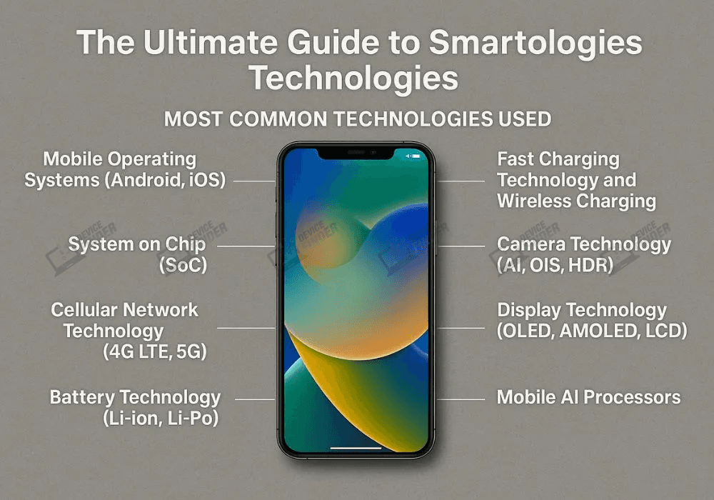 Smartphone tech icons showing OS, battery, network, charging, camera, AI features