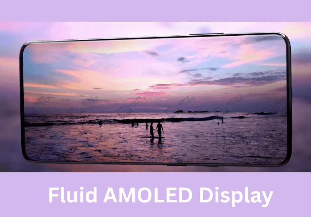 Smartphone with Fluid AMOLED Display showing a vivid beach sunset scene.