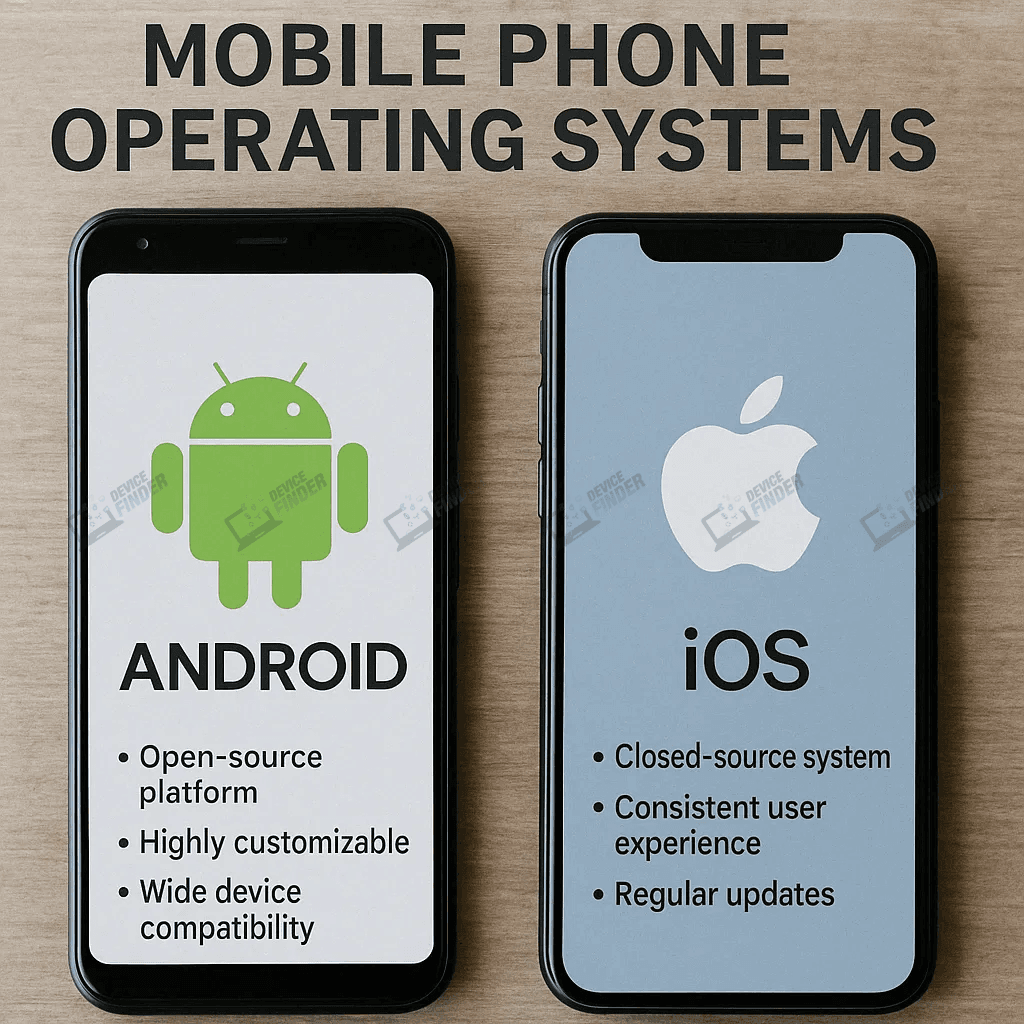 Smartphone image comparing Android and iOS features on wooden background
