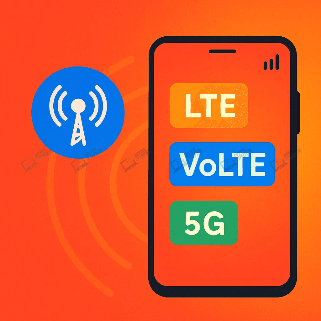 Smartphone displaying LTE, VoLTE, and 5G icons representing cellular network technology.
