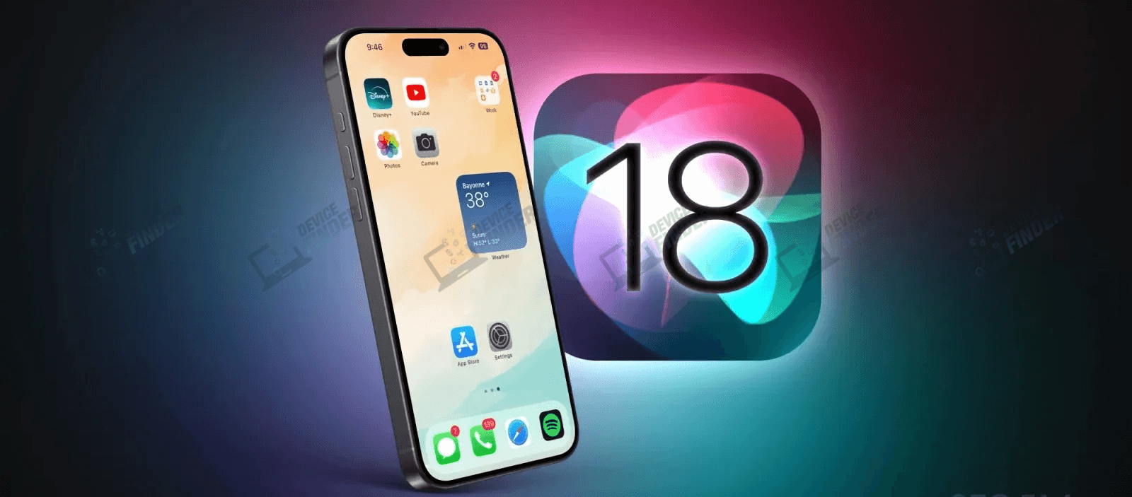 iPhone displaying iOS latest version with iOS 18 logo on a colorful gradient background.