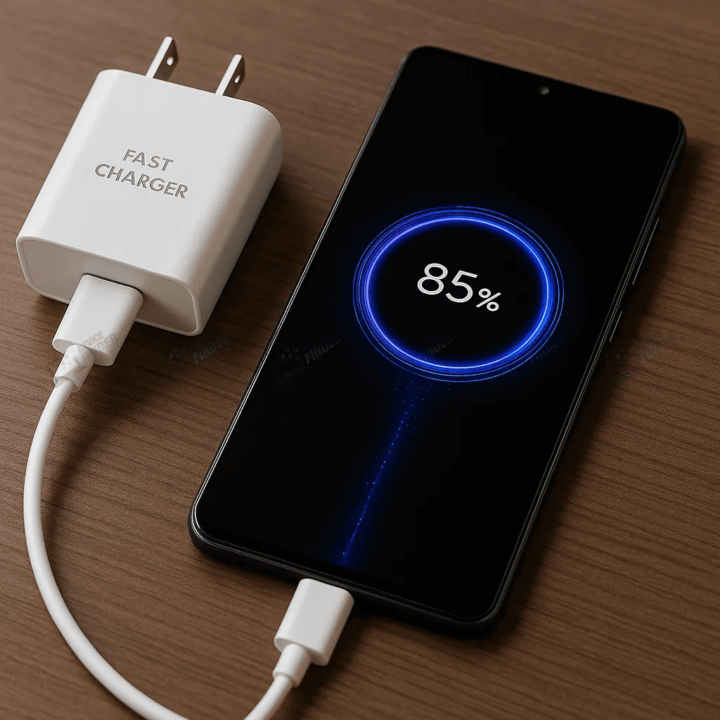 A smartphone charging with Fast Charging Technology showing 85% battery on a wooden surface