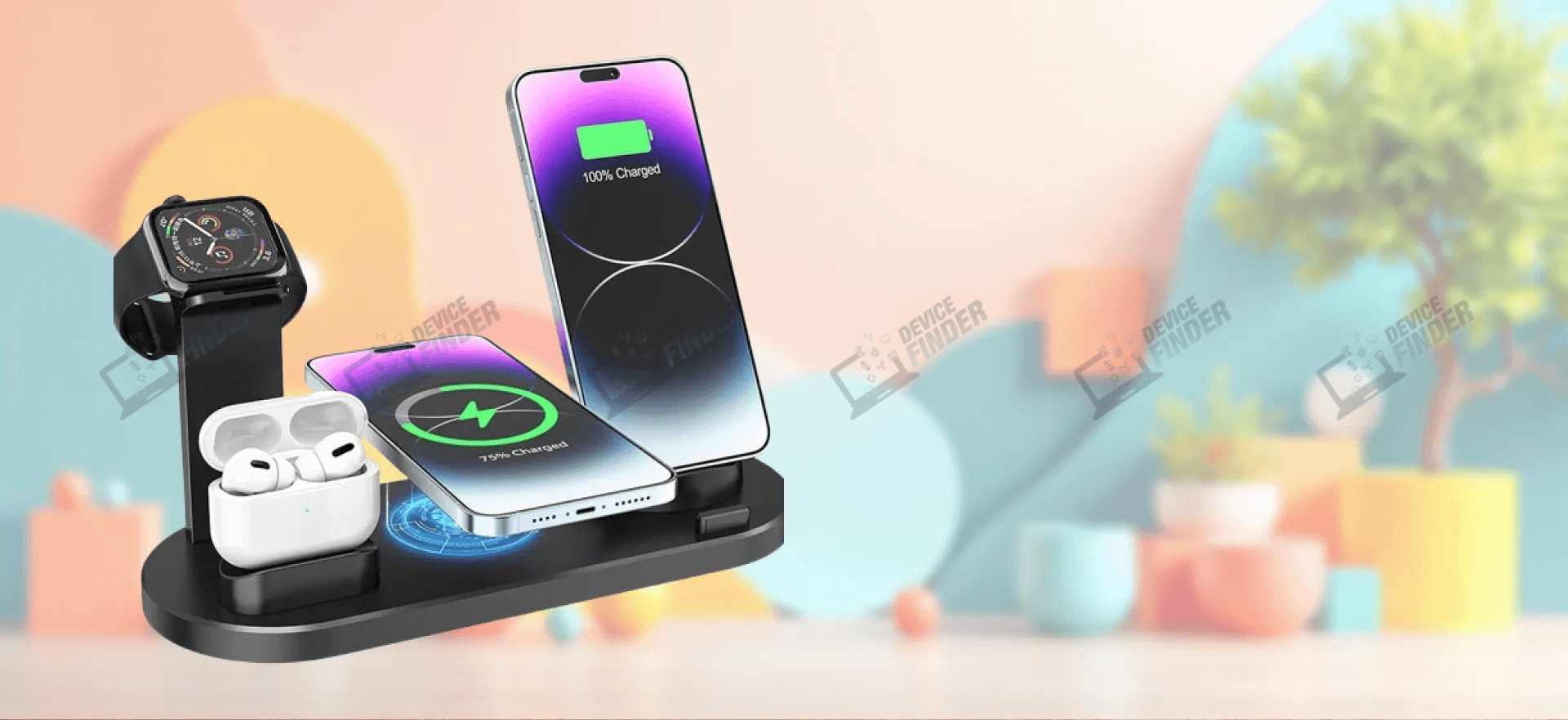 Wireless charging dock with phone, smartwatch, and earbuds fully charged on a modern setup.